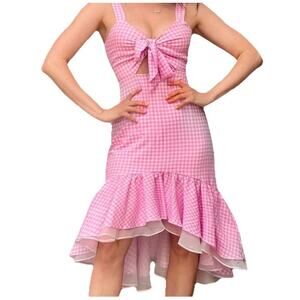 New BCBGeneration Dress XS Gingham Pink White Bow Ruffles Cut Out Summer Barbie